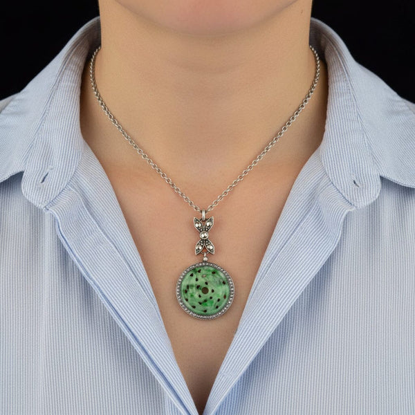 Vintage Art Deco Jade Marcasite Sterling Silver Necklace - Boylerpf