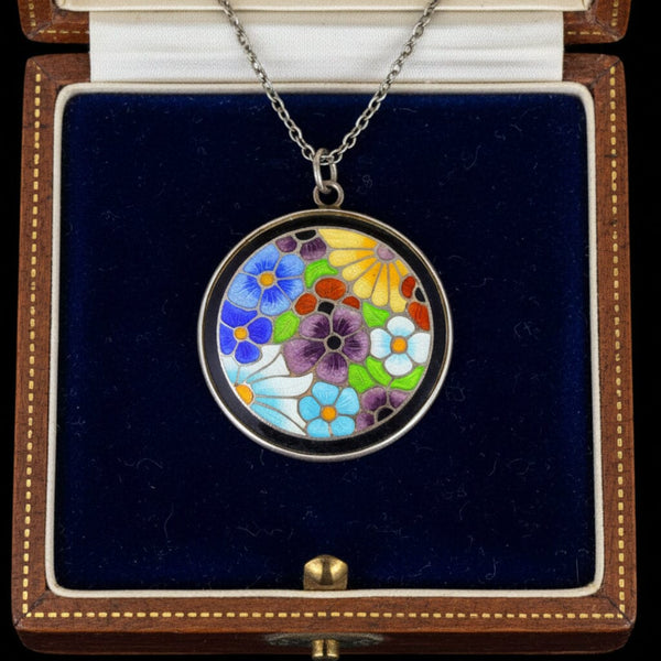 Vintage Bernard Instone Silver Enamel Flower Pendant Necklace