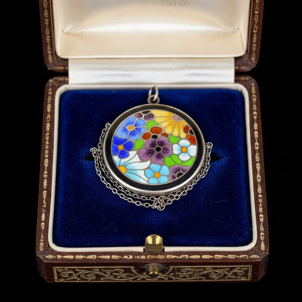Vintage Bernard Instone Silver Enamel Flower Pendant Necklace