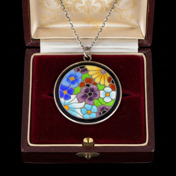 Vintage Bernard Instone Silver Enamel Flower Pendant Necklace