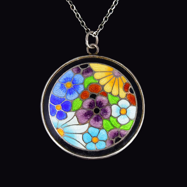 Vintage Bernard Instone Silver Enamel Flower Pendant Necklace