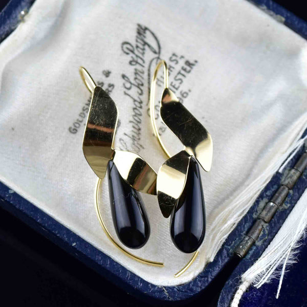 14K Gold Petal Black Onyx Drop Earrings - Boylerpf