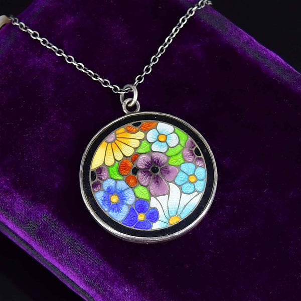 Vintage Arts & Crafts Silver Enamel Flower Necklace
