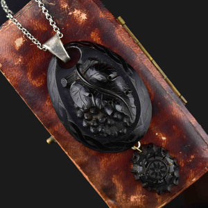 Antique Victorian Carved Whitby Jet Grape Pendant Necklace - Boylerpf