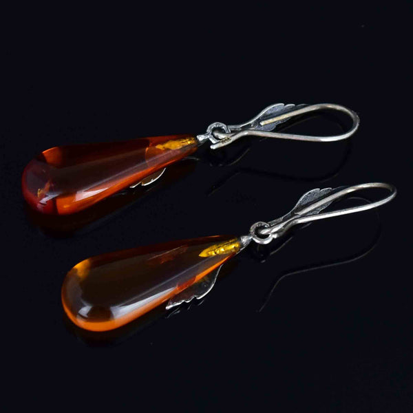 Arts and Crafts Style Silver Leaf Amber Cabochon Drop Earrings - Boylerpf