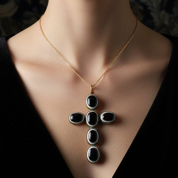 Victorian Bullseye Agate Cross Pendant Pinchbeck Necklace