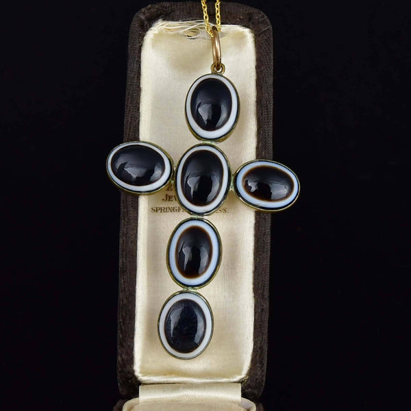 Victorian Bullseye Agate Cross Pendant Pinchbeck Necklace