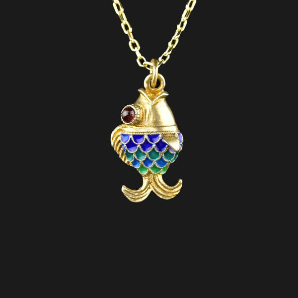 Vintage Gold Vermeil Garnet Enamel Sun Fish Necklace - Boylerpf