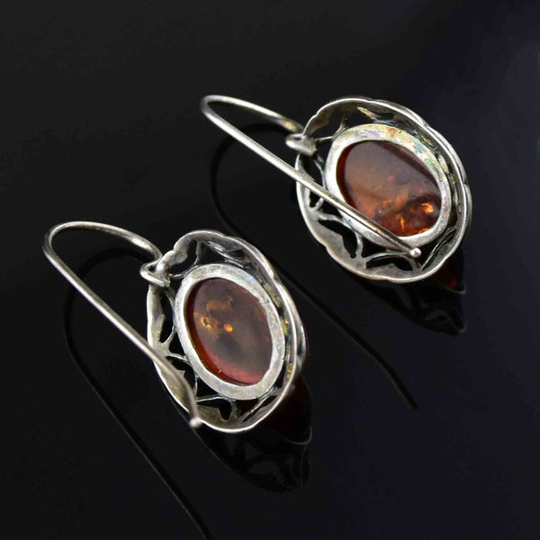 Vintage Silver Heart Amber Cabochon Statement Earrings - Boylerpf