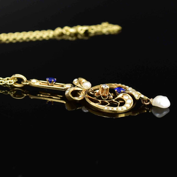 Antique Art Nouveau 14K Gold Diamond Sapphire Bow Lavaliere Necklace - Boylerpf