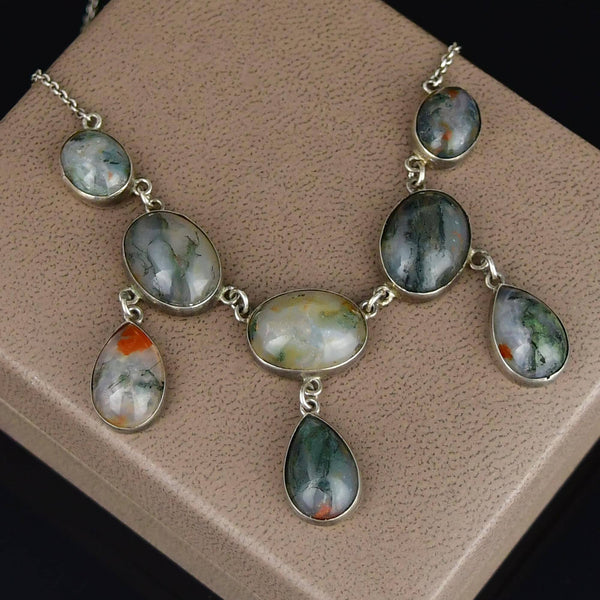 Silver Art Deco Scottish Dendritic Moss Agate Fringe Necklace - Boylerpf