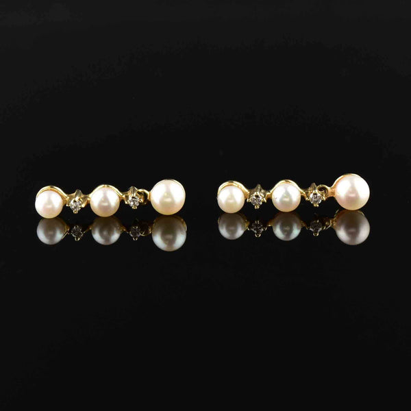 Vintage 14K Gold Diamond Pearl Drop Earrings - Boylerpf