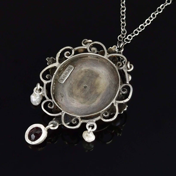 Antique Arts & Crafts Garnet Pearl Sterling Silver Necklace - Boylerpf