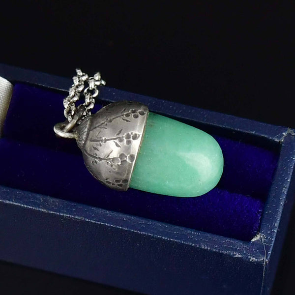 Antique Silver Arts & Crafts Aventurine Acorn Pendant, Lucky Charm