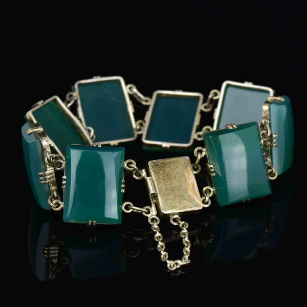 Sterling Silver Art Deco Chrysoprase Wide Link Chain Bracelet - Boylerpf