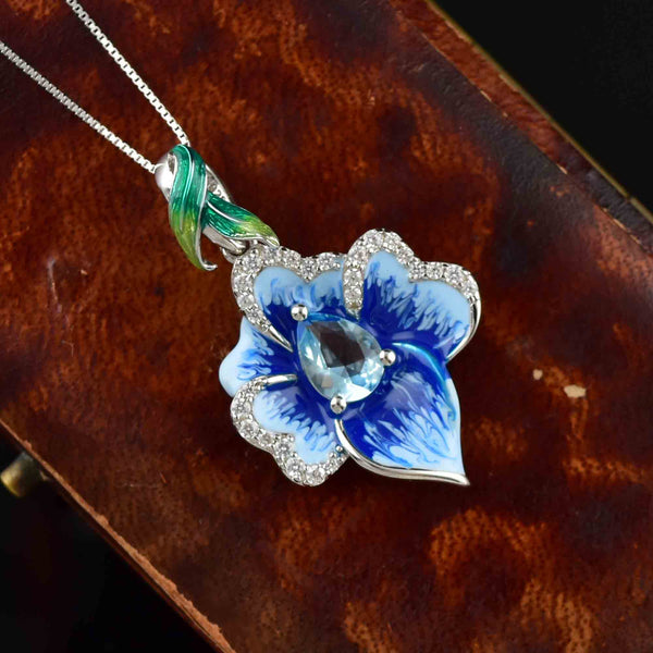 Vintage Sterling Silver Enamel Blue Topaz Flower Pendant Necklace - Boylerpf