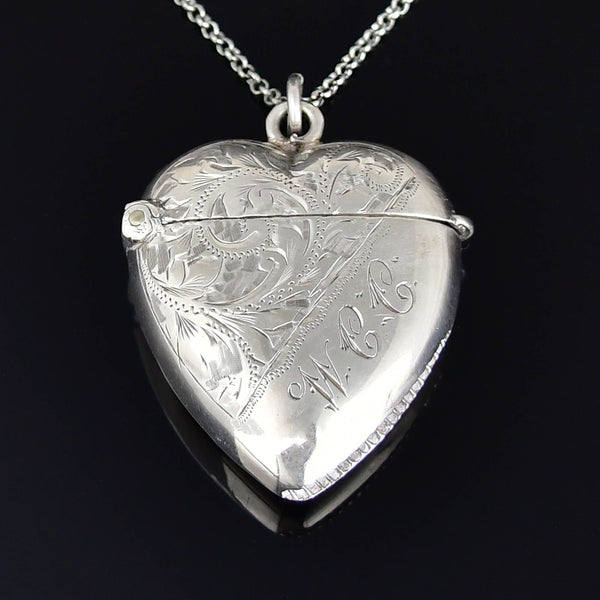 Antique Victorian Silver Puffy Heart Vesta Locket Pendant