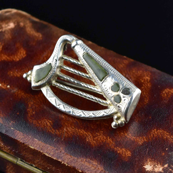 Antique Victorian Silver Irish Connemara Marble Harp Brooch - Boylerpf