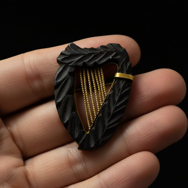 Antique Victorian Carved Irish Bog Oak Harp Brooch