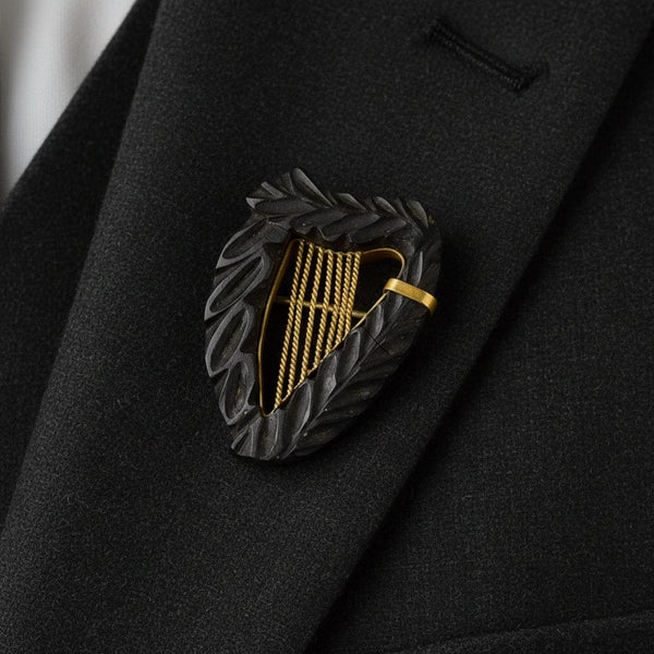 Antique Victorian Carved Irish Bog Oak Harp Brooch