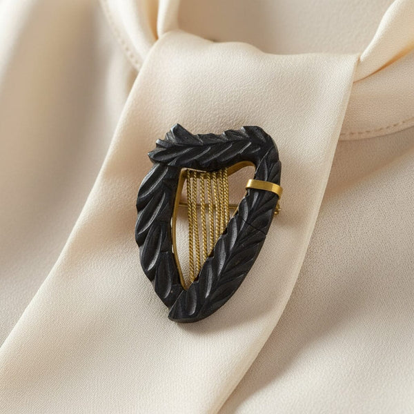 Antique Victorian Carved Irish Bog Oak Harp Brooch