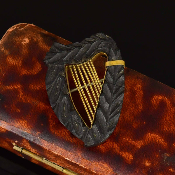 Antique Victorian Carved Irish Bog Oak Harp Brooch