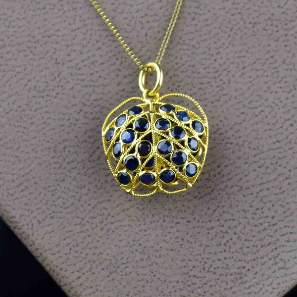 Vintage 18K Gold Filigree Blue Sapphire Pendant Necklace - Boylerpf