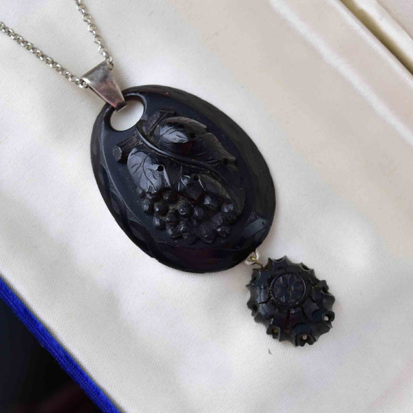 Antique Victorian Carved Whitby Jet Grape Pendant Necklace - Boylerpf