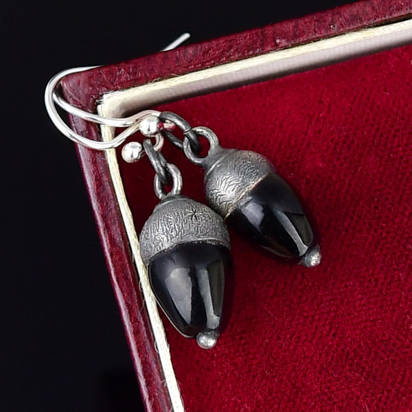 Antique Sterling Silver Whitby Jet Acorn Earrings - Boylerpf