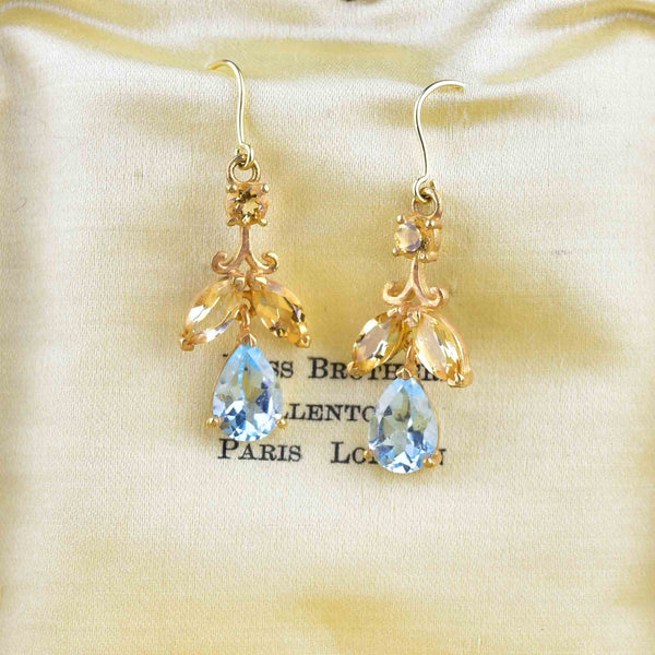Vintage Gold Citrine Blue Topaz Leaf Earrings - Boylerpf