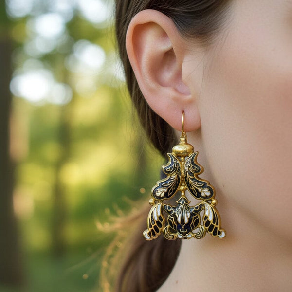 Large Antique Georgian Swiss Enamel Floral Earrings - Boylerpf