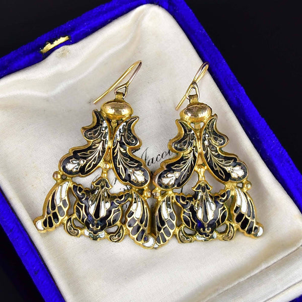 Large Antique Georgian Swiss Enamel Floral Earrings - Boylerpf