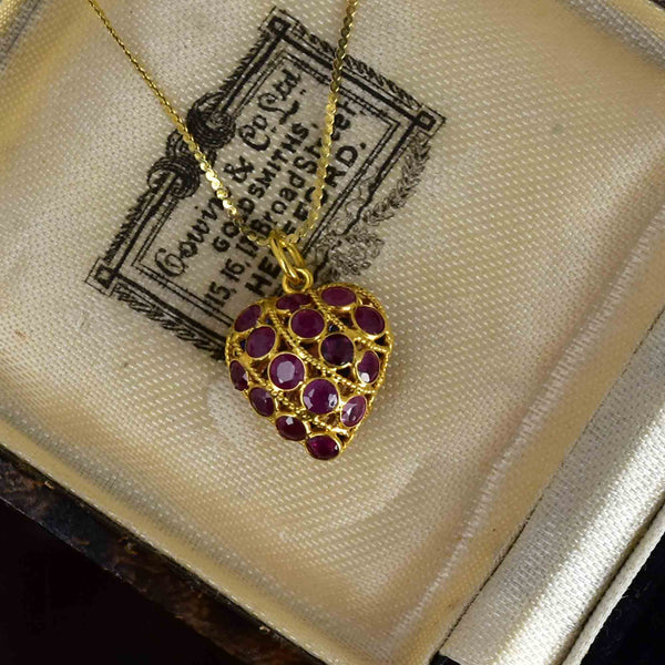 Vintage 14K Gold Filigree Ruby Sapphire Heart Pendant Necklace - Boylerpf