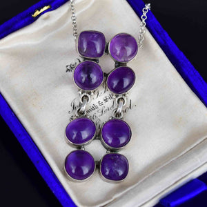 Vintage Articulated Sterling Silver Amethyst Cabochon Pendant Necklace - Boylerpf