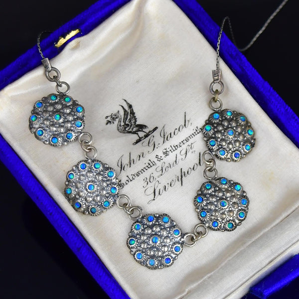 Sterling Silver Five Link Floral Opal Cluster Necklace - Boylerpf