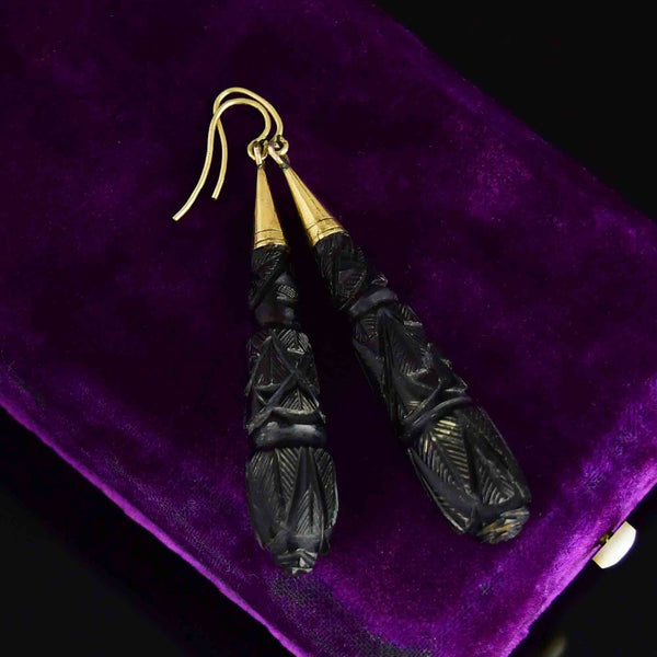 Antique Victorian Gold Carved Whitby Jet Earrings - Boylerpf