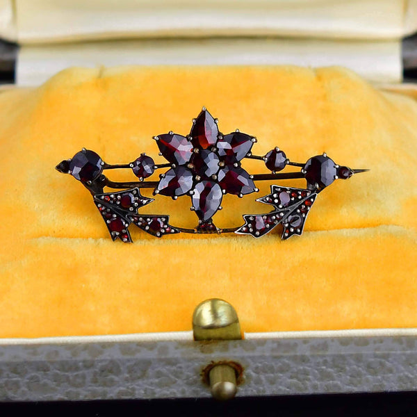 Antique Victorian Rose Cut Garnet Floral Leaf Brooch - Boylerpf