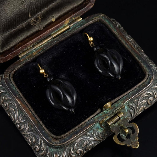 9K Gold Antique Victorian Whitby Jet Ball Earrings