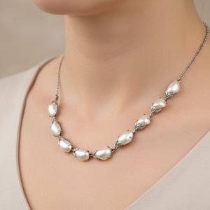 Vintage Art Deco Sterling Silver Leaf Floral Pearl Necklace - Boylerpf