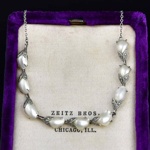 Vintage Art Deco Sterling Silver Leaf Floral Pearl Necklace - Boylerpf