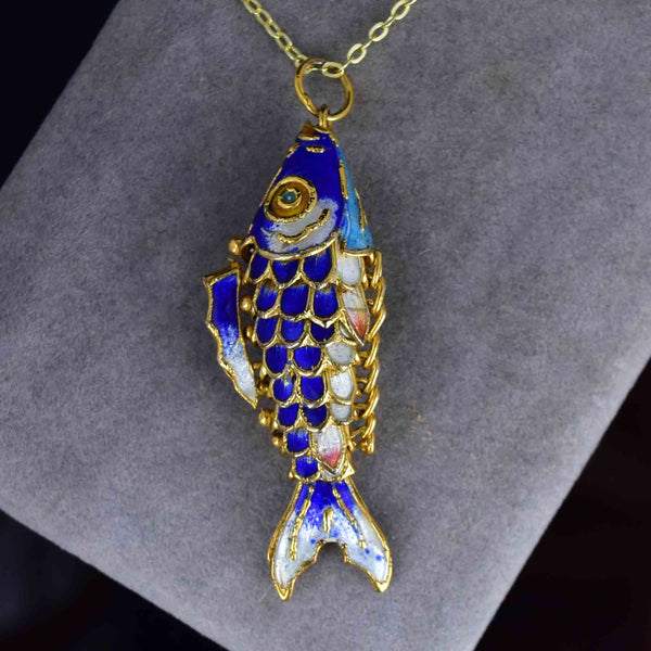 Vintage Gold Vermeil Blue Enamel Koi Articulated Fish Necklace - Boylerpf