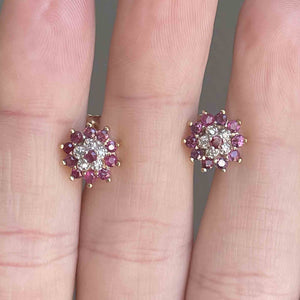 Vintage 10K Gold Diamond Ruby Cluster Stud Earrings - Boylerpf