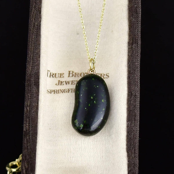 Vintage 9K Gold Green Goldstone Lucky Bean Charm Necklace