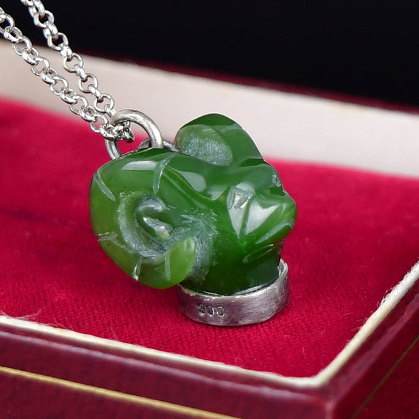 Vintage Silver Carved Jade Ram Head Necklace - Boylerpf