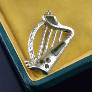 Antique Victorian Silver Irish Connemara Marble Harp Brooch - Boylerpf