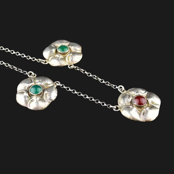 Silver Arts and Crafts Carnelian Green Agate Floral Necklace - Boylerpf