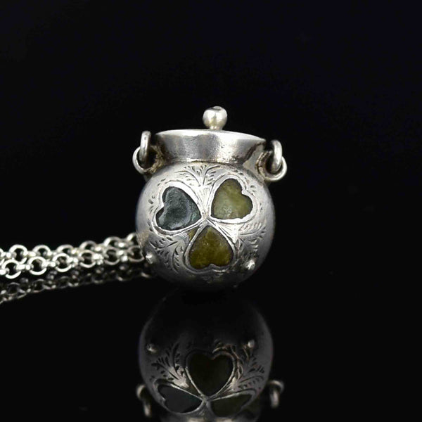 Antique Victorian Silver Connemara Marble Cauldron Pendant Necklace - Boylerpf