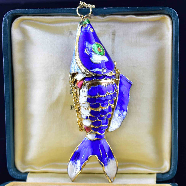 Vintage Large Blue Enamel Koi Articulated Fish Pendant Necklace - Boylerpf