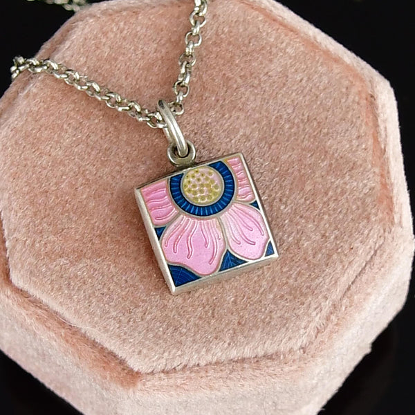 Sterling Silver Arts & Crafts Enamel Lotus Flower Necklace