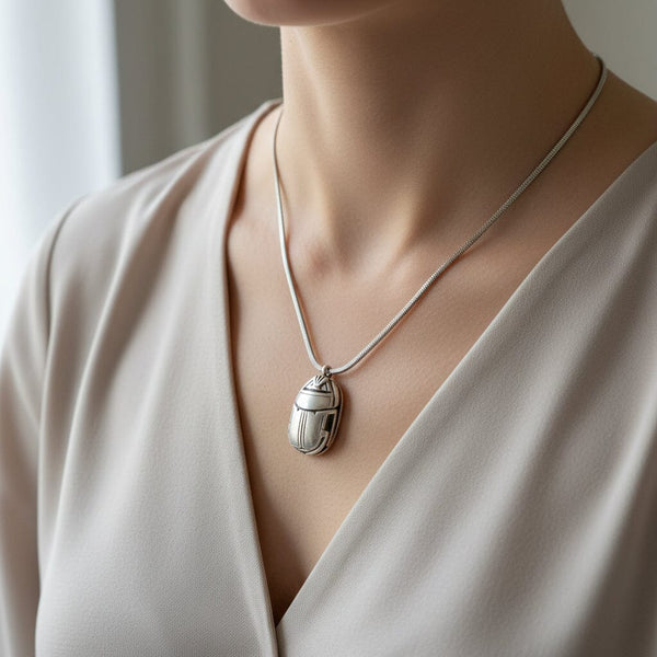 Antique Heavy Sterling Silver Scarab Pendant Necklace - Boylerpf